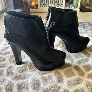 Italina Black Faux Leather w/ Chains High Heel Booties / Fold Over Ankle Boots.